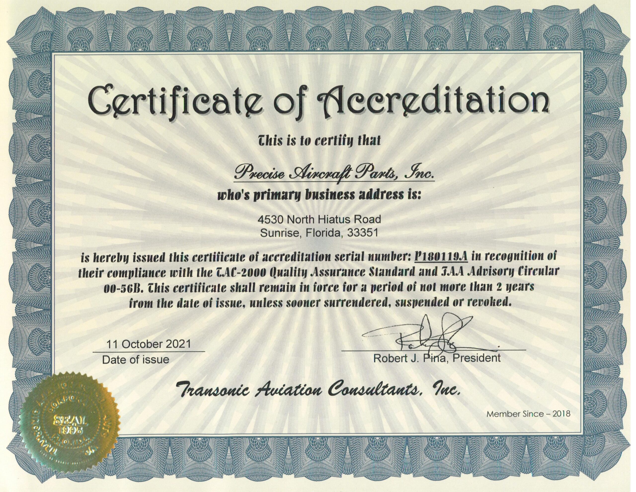 TAC-2000 Certificate of Accreditation